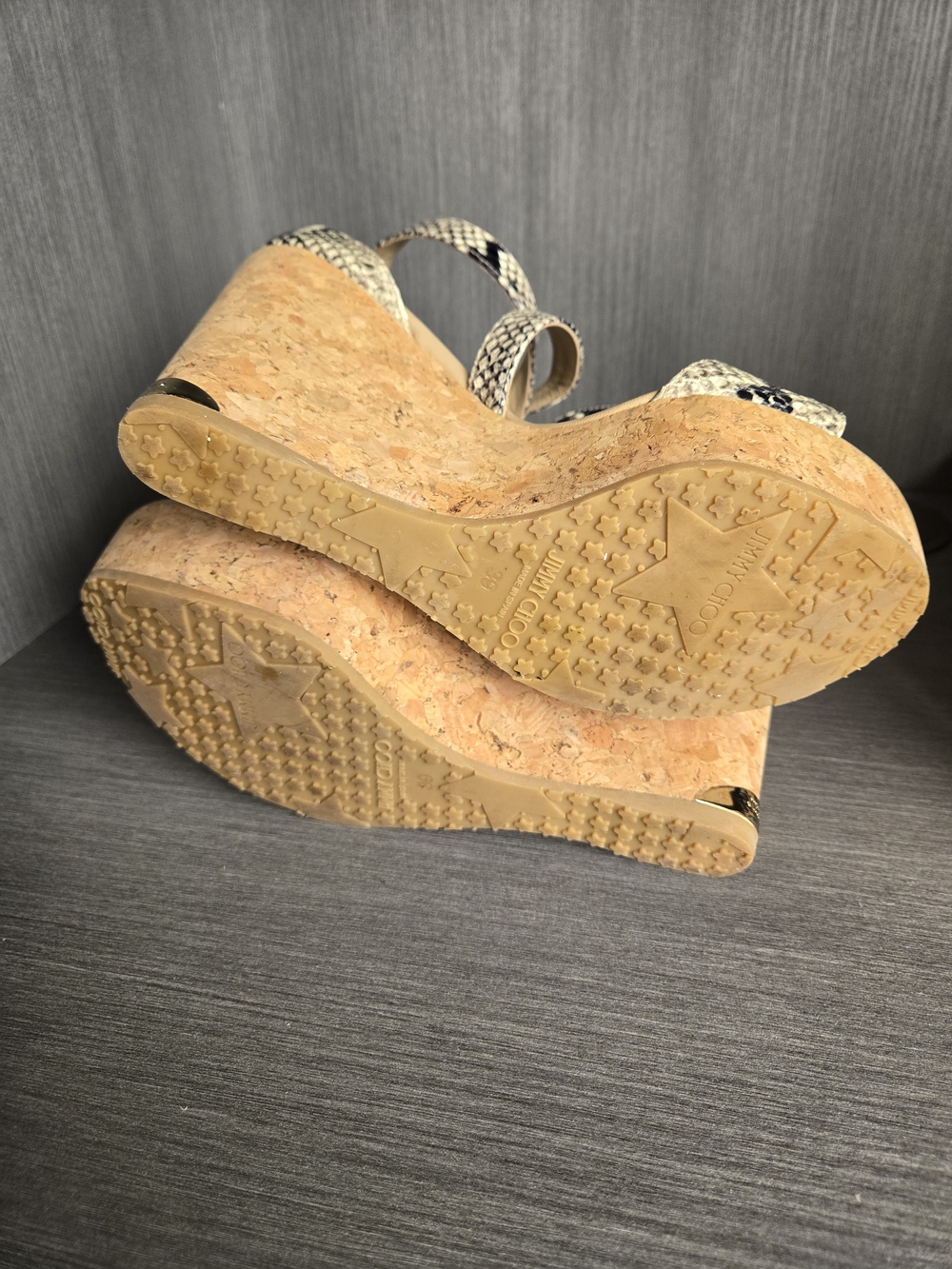 Jimmy Choo Snake-Print Cork Wedge Sandals in Black and Cream - Picture 2 of 5